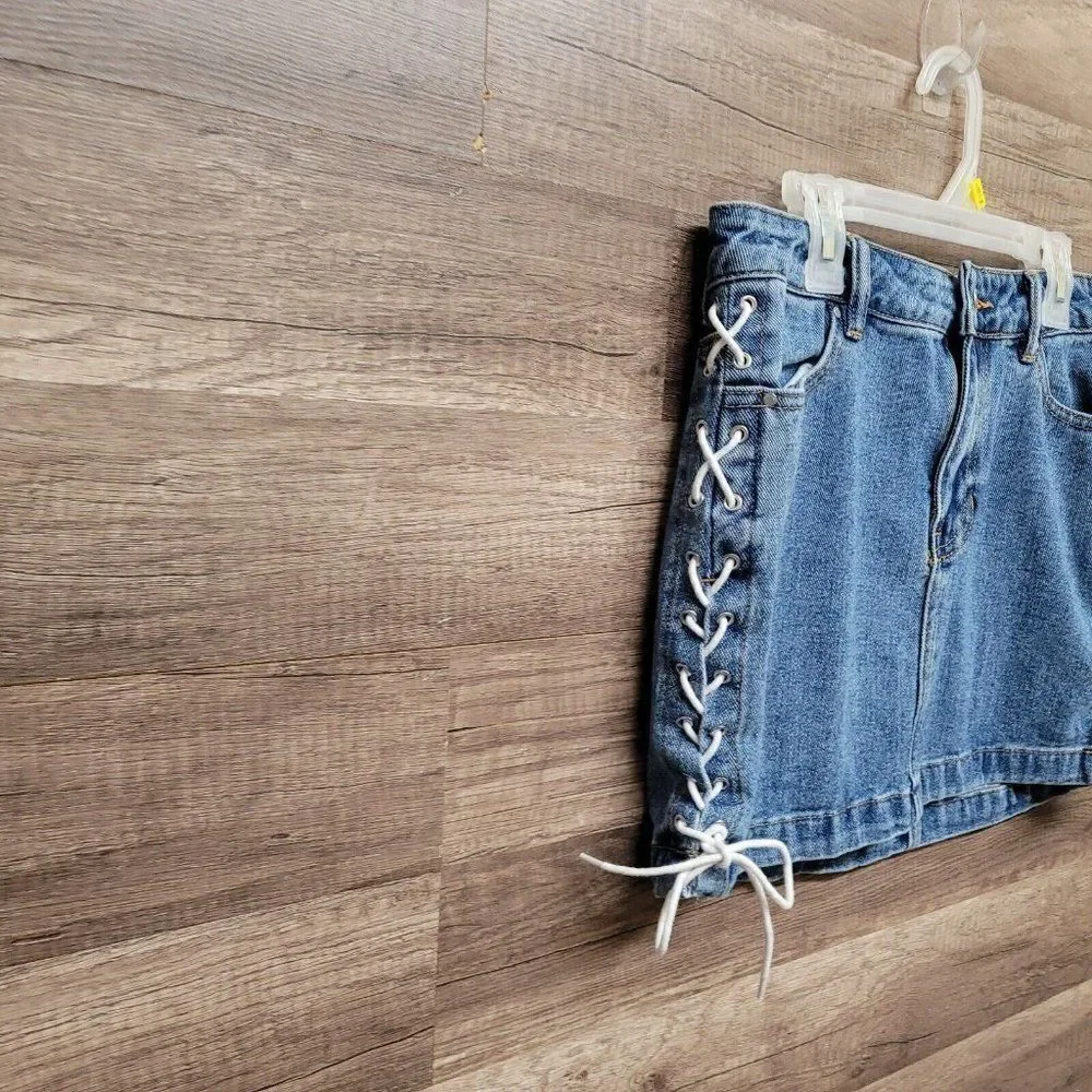 Pacsun Jean Mini Skirt Size 25 Womens Blue Denim Lace‎ Up High Rise Waist Casual